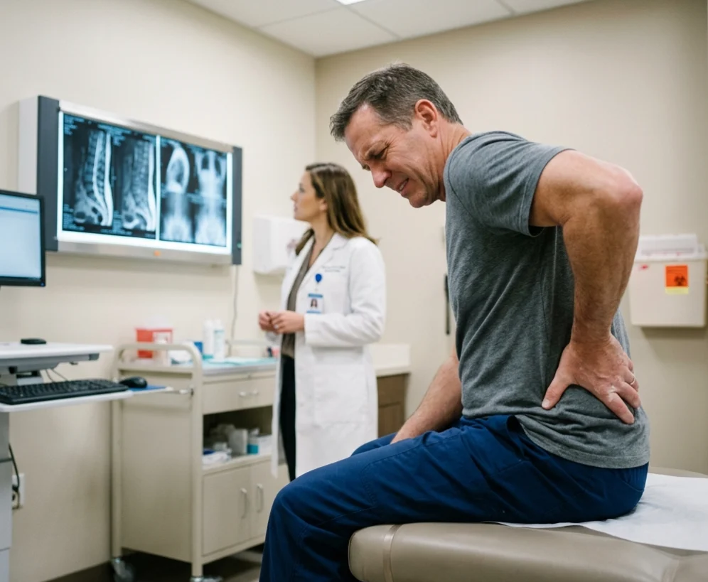 Imagem médica ilustrando o trajeto do nervo ciático. A representação visual destaca as áreas comuns de dor irradiada, desde a região lombar até os membros inferiores.