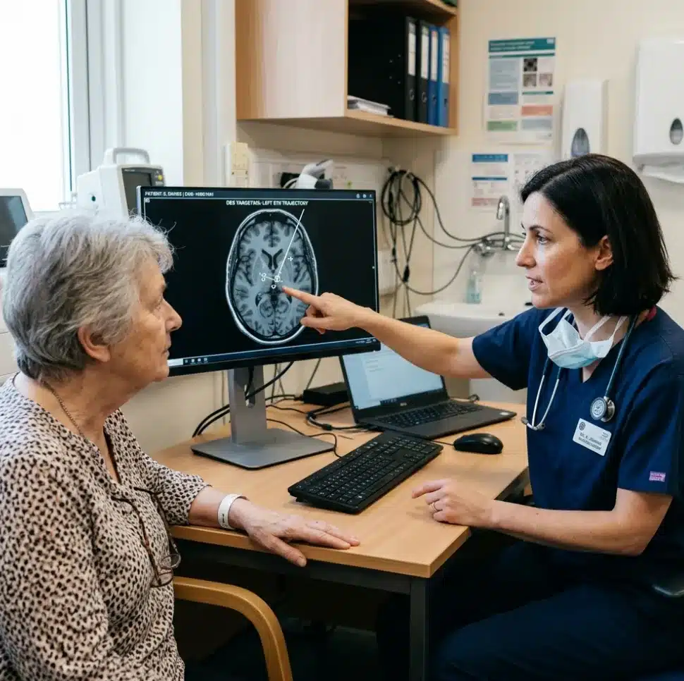 Ilustração demonstrando o que é a Doença de Parkinson, destacando o cérebro e a explicação dos principais sintomas neurológicos e motores associados à condição.