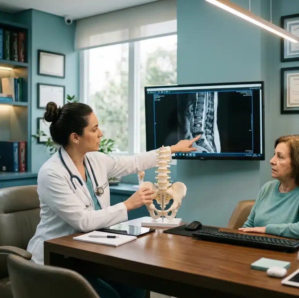 Ilustração demonstrando o que é a espondiloartrose (artrose na coluna), evidenciando o desgaste das cartilagens, discos e articulações da coluna vertebral.