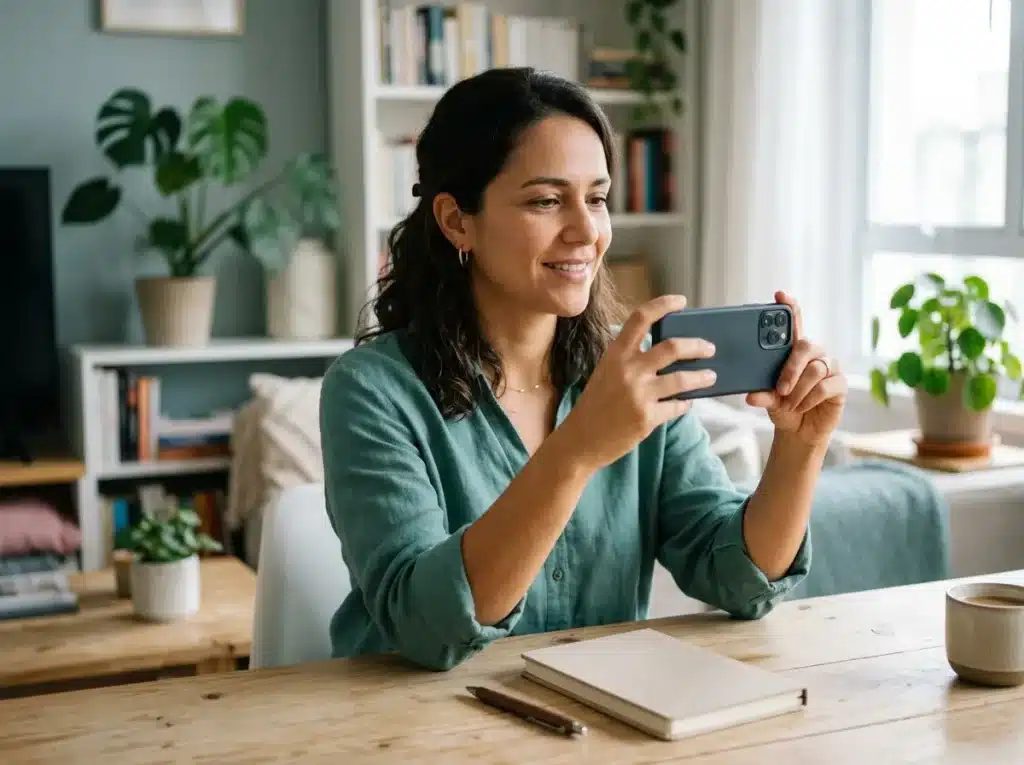 Mulher registrando uma crise de enxaqueca no celular, em casa