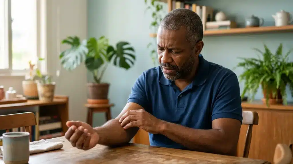Homem sentindo queimação e formigamento no antebraço, sinais de dor neuropática