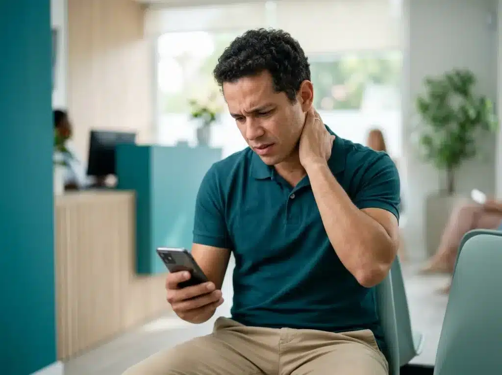 Homem com dor no pescoço olhando o celular (text neck)